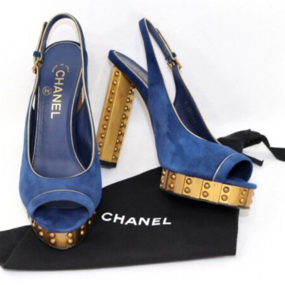 Authentic blue suede CHANEL Blue and Gold Studded Slingback Heels EUC - Picture 3 of 10